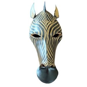 Vintage Hand Carved Wooden Mask Wall Hanging Zebra Artisan Folk Art Decor